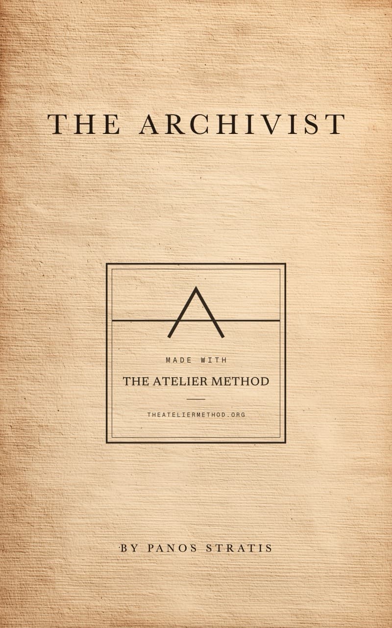 The cover of The Archivist: title and author set in letterspaced capitals on a pale plaster ground, with the Atelier Method mark stamped at the centre